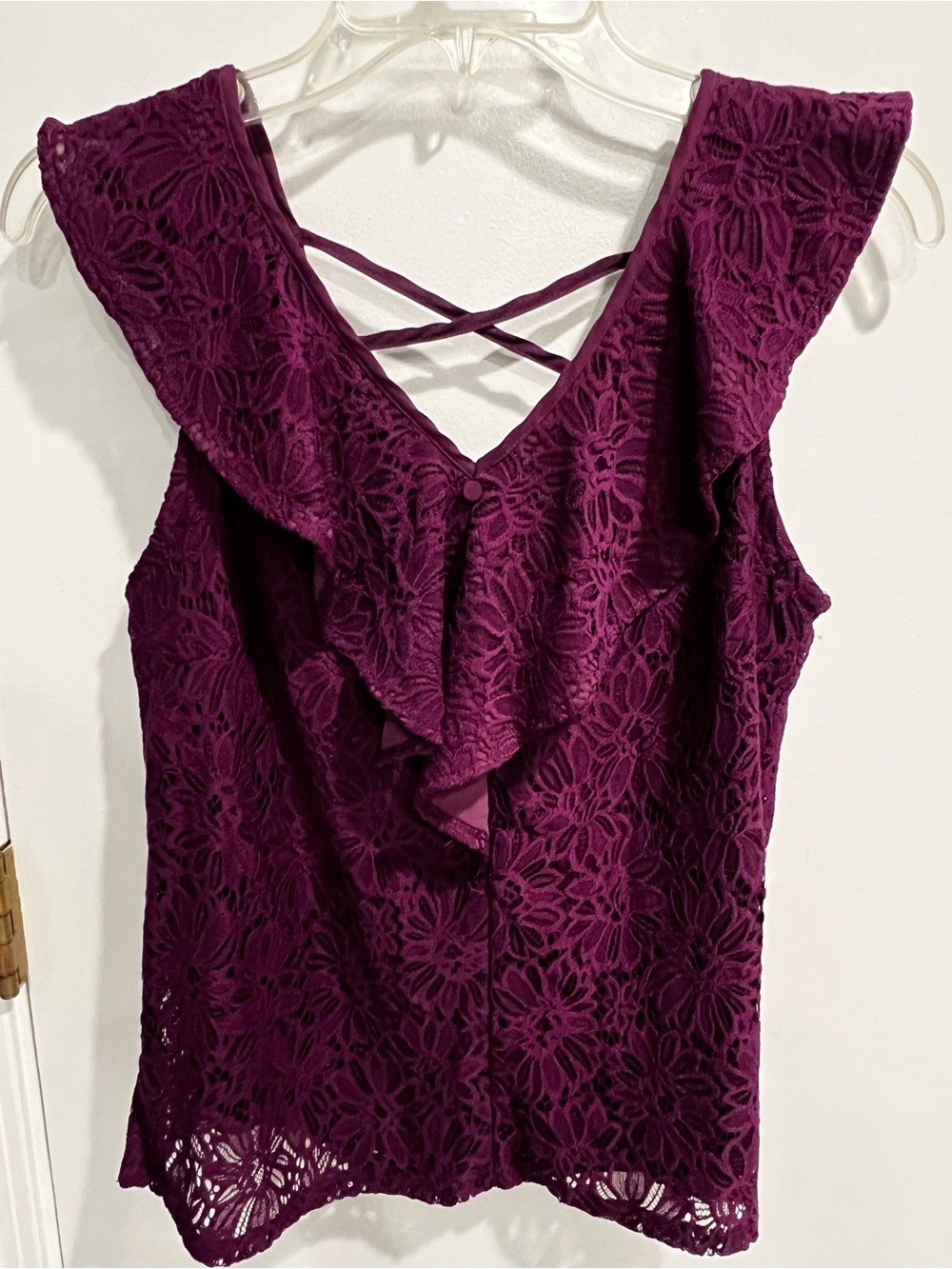 Skies Are Blue Lace Ruffle Sleeveless Tank w/CrissCross Strap Back - Deep Plum